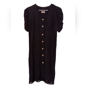Vtg Los Angeles Gal Button Up Midi Dress V-Neck Short Puffy Sleeves Black Fringe